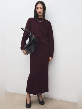 Mango Ribbed Round Knit Sweater & Skirt in Burgundy
